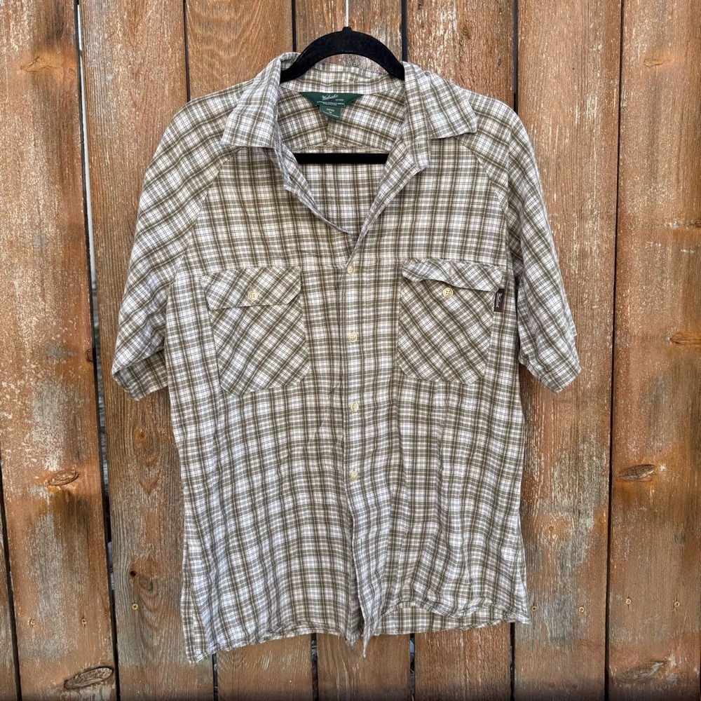 Woolrich Men's Green Brown White Plaid Button Down Short Sleeve Shirt Medium